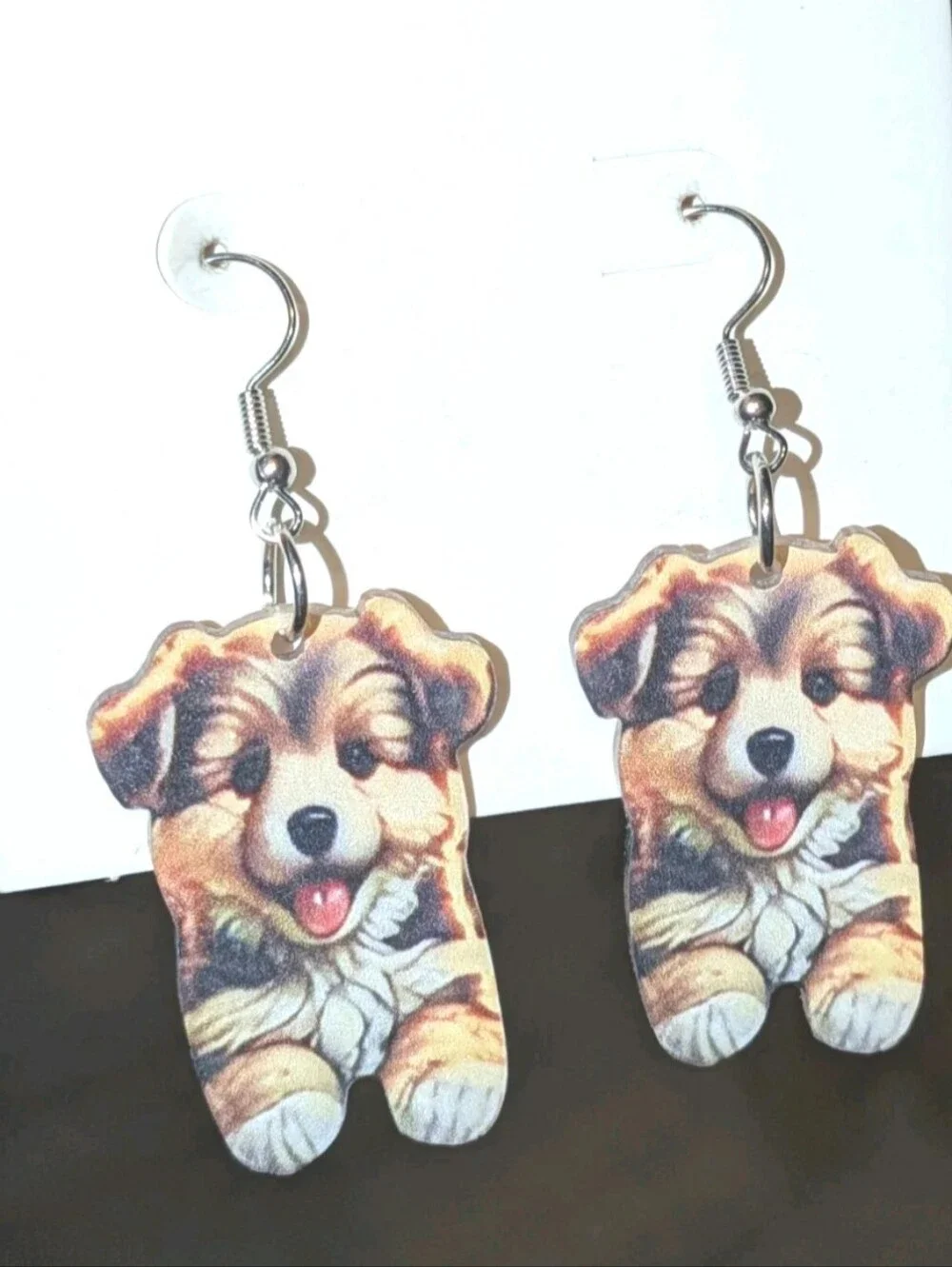Hand Crafted Brown and Cream Puppy Dangle Earrings